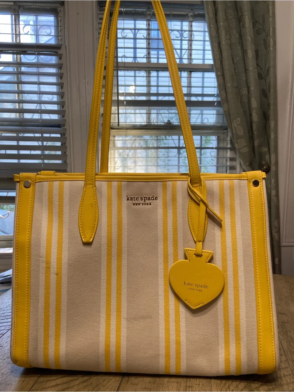 kate spade Yellow and Cream Striped Canvas Tote with Heart Charm